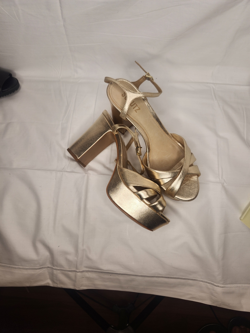 Metallic Gold Platform Block Heel Sandals with Ankle Strap